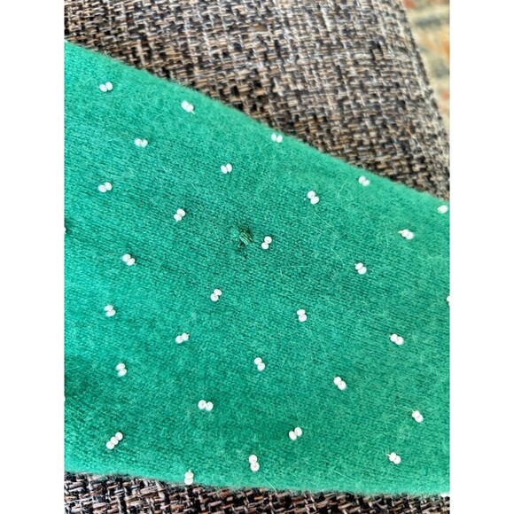 DOREEN LOK Vintage 60s Green Wool White Beads 3/4 Sleeves Cardigan Sweater 36/4 - Picture 10 of 13